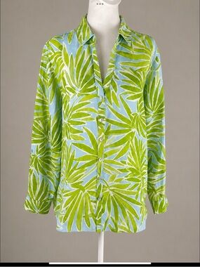 🌴 Sigrid Olsen 100% Linen Tropical Palm Print Button Front Shirt | Size L